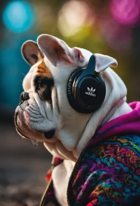 English bulldog wearing an 80s adidas hoodie with headset