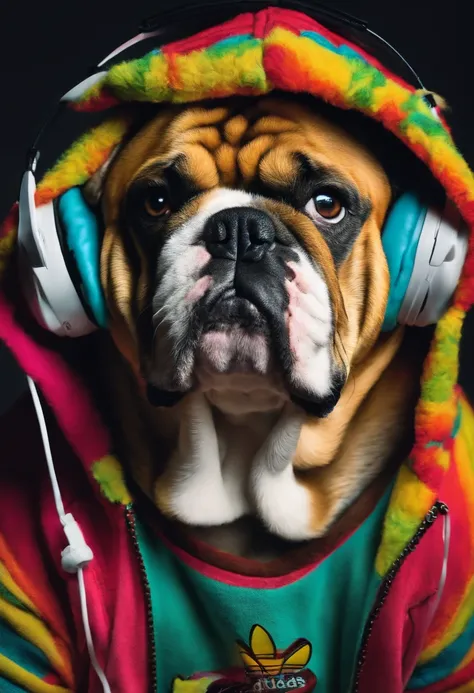 English bulldog wearing an 80s adidas hoodie with headset