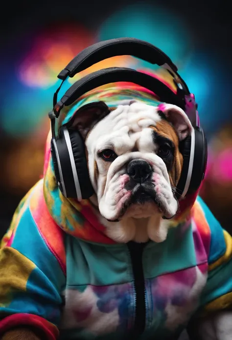 English bulldog wearing an 80s adidas hoodie with headset