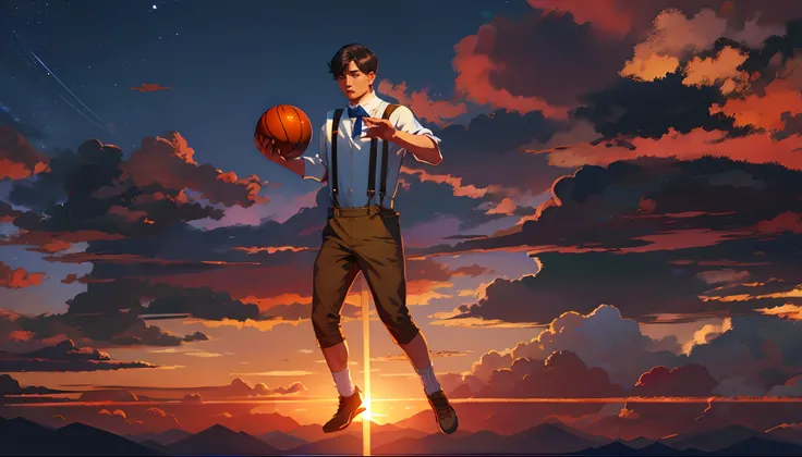 the sunset，eventide，Big Mountain，Medium short hair，Suspenders，Five fingers are normal and clear，Put your feet on the ground，Two hands，Two feet，basketball ball，Boy student