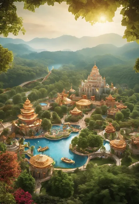 viewed from birds-eye，You helped me make a digital HD production of a commercial blockbuster，8K,Nanning Childrens Park，The park is located on a hill in the city，The terrain is open，Natural ups and downs，The shade of the tree is like a lid，Green grass，It ha...