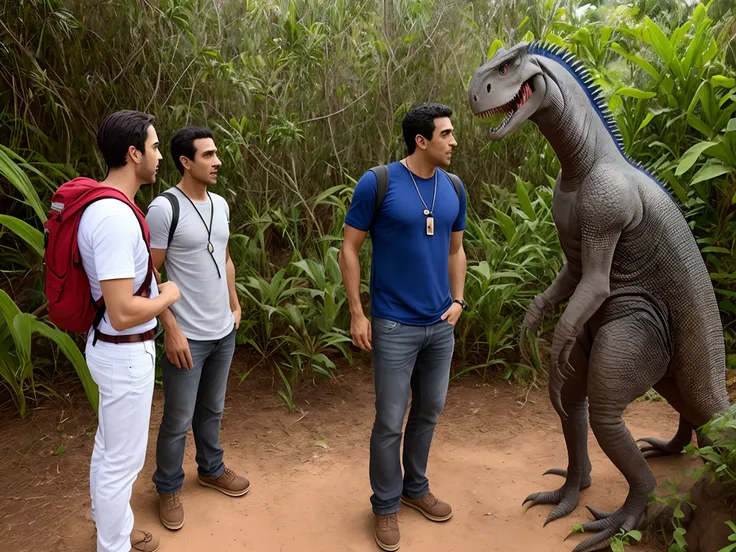 Um homem em cima de um dinossauro conversando com Jesus