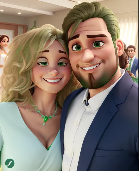 casal festa de casamento bem arrumados , homem loiro olhos verdes, mulher de cabelos cacheados estilo pixar, alta qualidade, melhor qualidade