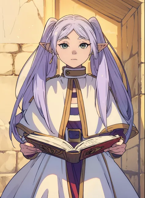 anime girl in a white dress holding a book, dressed like a cleric, elf girl, portrait of a young elf wizard, young half elf wizard, white haired deity, old artbook, a portrait of an elf, an elf, portrait of an elf, cleric, frieren, 1girl, earrings, elf, lo...