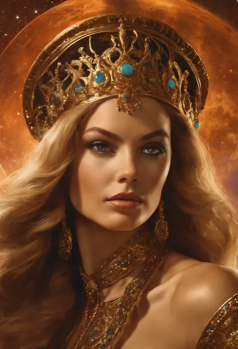 Imagem de uma mulher com um capacete cercada por outras pessoas, Stephen Hickman, beautiful retro art, Ataques a Marte, gilded lotus princess, Destaque no CGSetaltion, Cosmic Apocalypse, Rainha persa, Kirill Leonov, por Jason A. Engle, barbarella