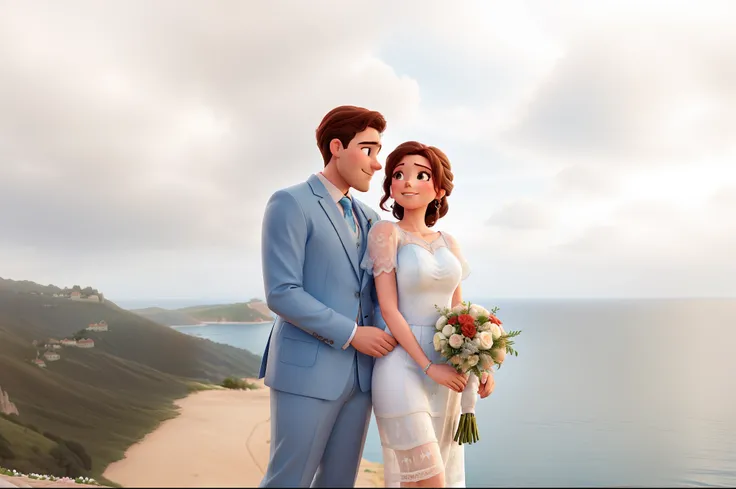 an engaged couple on top of a mountain with the sea in the background, the man in a light blue suit and the woman in a long crochet dress, they are hugging each other and the man has his hand on the womans waist, and she is holding the bouquet. Disney Pixa...