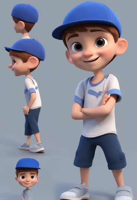 A happy cute boy standing short hair with dark blue cap , vestindo uma camisa azul , , fundo branco, barnet, Tom, Estilo Pixar, ......3d, desenhos animados, rosto detalhado, asymmetrical 16k