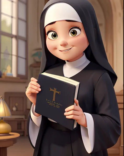 Pixar style nun with black habit, babador branco, Holding the bible, Madre Maria Mazzarello