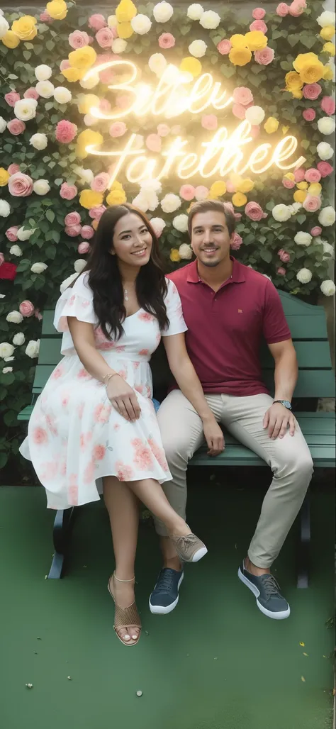 There is a man and a woman sitting on a bench in front of a wall of flowers, Casal feliz, foto do perfil, imagem de perfil, Lovely couple, facebook post, par, retrato de casais, photo shoot, foto de perfil, Detalhes adicionais, Tyler Edlin e Natasha Tan, P...