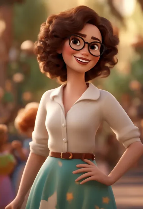 Pixar style image with 3D character white glasses brunette woman short curly hair dancing, Maquiagem Disney,Pescador, bonitinho, sorridente ,Close-up, Pixar, Disney, Cinema lighting,