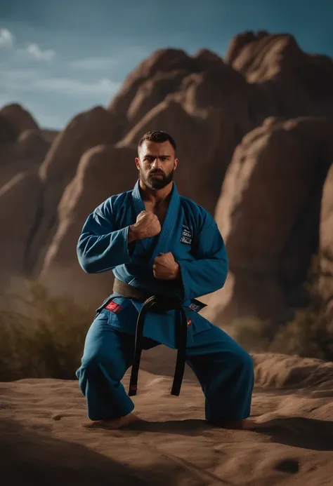 homem em frente a uma gigantesca montanha ao fundo, with arms crossed, Man in combat position, Quimono de jiu-jitsu, 8k, hyper realista, detalhado.