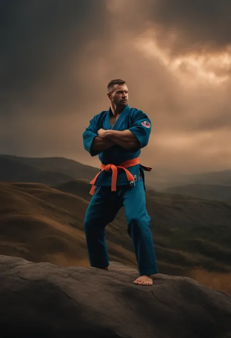 homem em frente a uma gigantesca montanha ao fundo, with arms crossed, Man in combat position, Quimono de jiu-jitsu, 8k, hyper realista, detalhado.