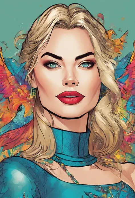 (Margot Robbie,Traje de Arlequina),best quality,ultra-detalhado,Realistic,vivid colors,Retratos,studio lighting,Bokeh,Olhos detalhados,Detailed lips,crazy expression,playful pose,esquema de cores vermelho e azul,soft lighting,fundo misterioso,visual estilo...