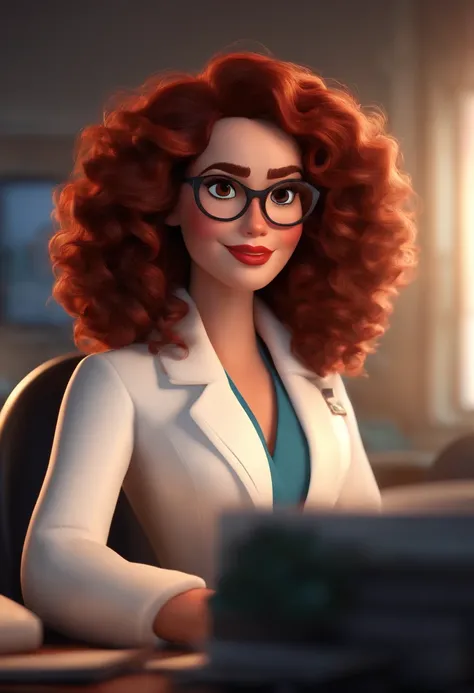 Pixar style image with 3D character glasses red brunette woman medium curly hair in white coat working in the officeDisney makeup,Pescador, bonitinho, sorridente ,Close-up, Pixar, Disney, Cinema lighting,