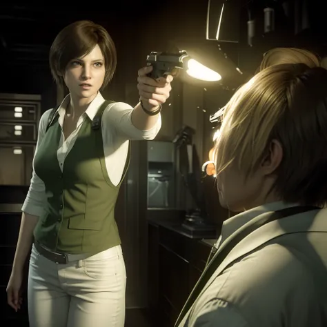 Best quality, ((Rebecca chamber from resident evil)), short  hair, white jeans, beautiful face, glare expression, green vest