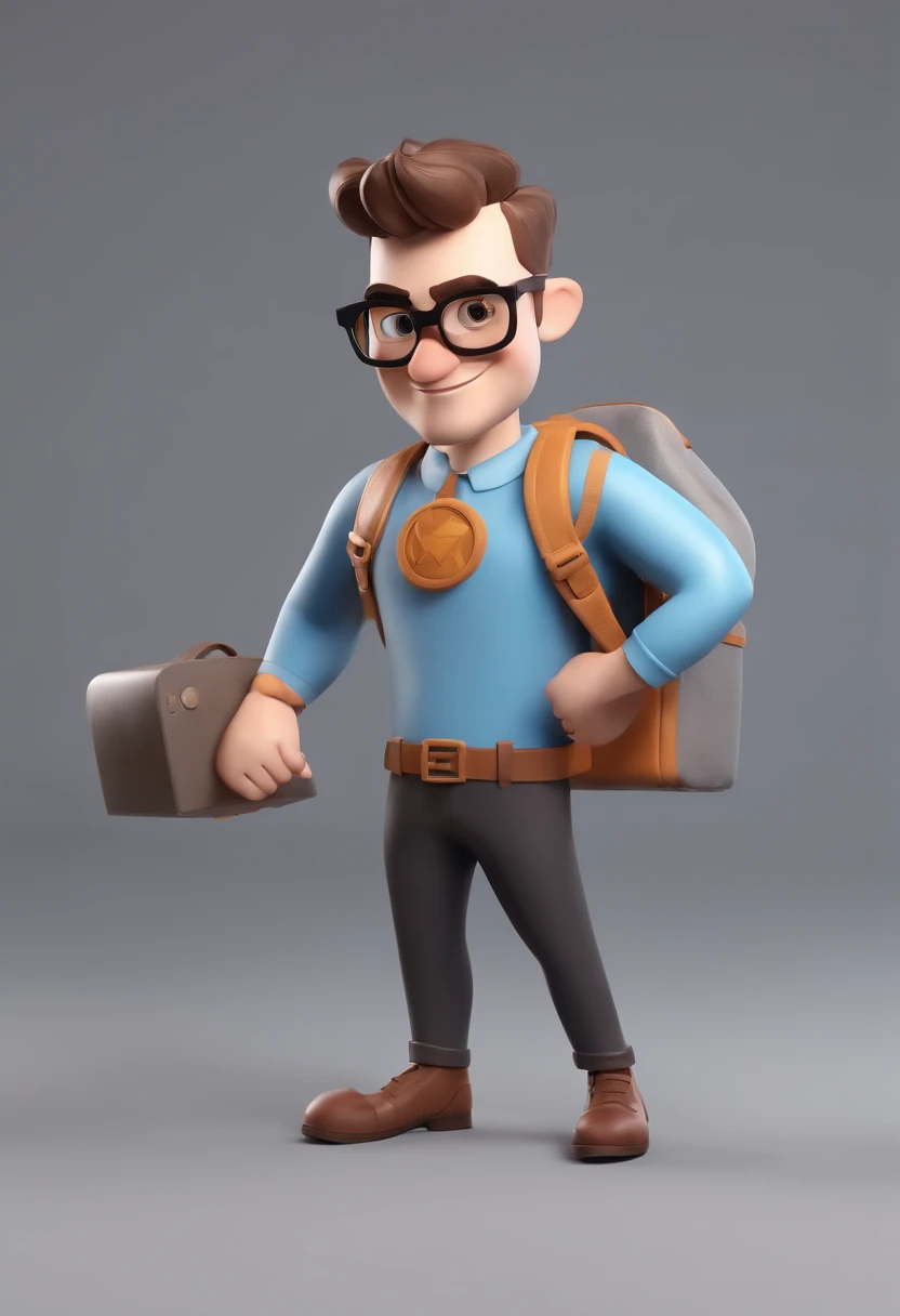 Cartoon character of a tall light brunette man and wizard with gray glasses and a black shirt and a backpack, personagem usando tecnologia, animation character, Caractere estilizado, animation style rendering, 3D estilizado, Arnold Maya render, 3 d render ...