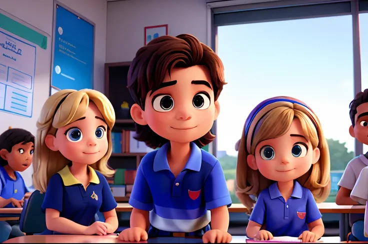 three students, uma menina e dois meninos, sentados em uma carteira de estudante, dentro de uma sala de aula, vestindo uma camisa polo branca com a gola azul marinho, Wearing a pair of navy blue pants with a red stripe