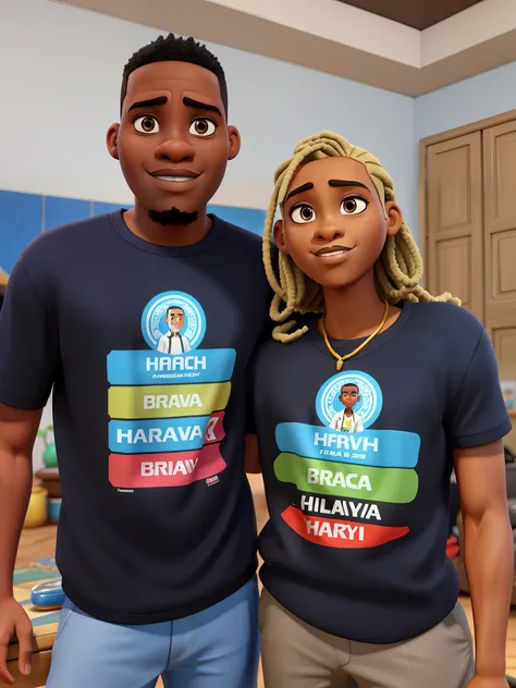 An African man with a shaved head, uma mulher branca brasileira de cabelos loiros lisos, ambos vestindo camisetas pretas, com um fundo para a sala de estar de uma casa, no estilo Disney Pixar 3D, High definition, alta qualidade