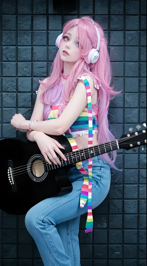 Alafi with pink hair and rainbow shirt holding a guitar, belle delphine, long bubblegum hair, colorfull long hair, colorful pigtail, Girl playing guitar, with pink hair, Long flowing pink hair, rainbow colour hair, amy sol in the style of, ava max, Flowing...