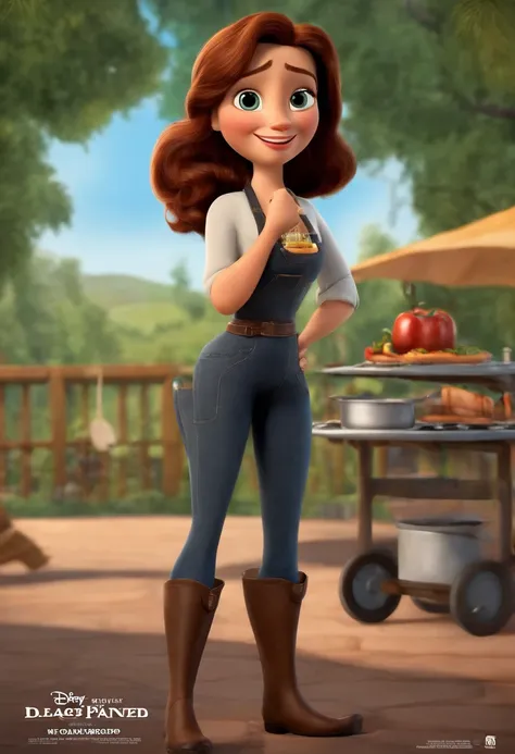 a Disney Pixar movie poster showing a 35-year-old woman with medium brown hair, olhos puxados  castanhos, Your body is scarred, cintura fina, quadril largo. Shes a cook, veste um avental de couro, Jeans pants and black blouse and boots. She wears a black c...