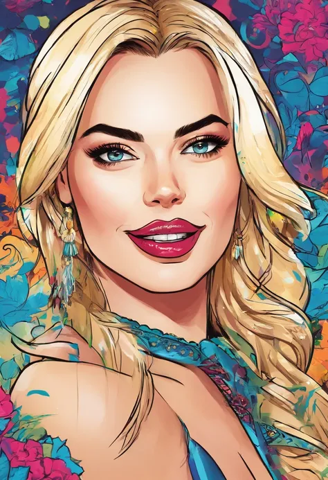 (Margot Robbie,Traje de Arlequina),best quality,ultra-detalhado,Realistic,vivid colors,Retratos,studio lighting,Bokeh,Olhos detalhados,Detailed lips,crazy expression,playful pose,esquema de cores vermelho e azul,soft lighting,fundo misterioso,visual estilo...