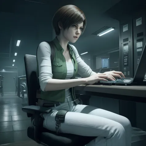 Best quality, ((Rebecca chamber from resident evil)), short  hair, white jeans, beautiful face, green vest