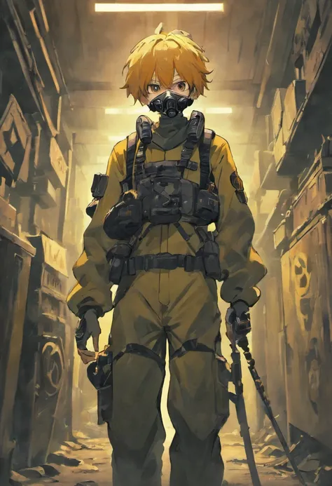 Teenage Boy, 18 years old, Wasteland, Armed with a Gun, Gas Mask, Biohazard Suit