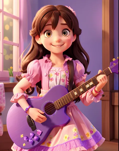 Brunette 6 year old child with guitar smiling wide wearing a flowery pink dress with small purple ruffles and a watch on her wrist on a background with blue wall and a wooden window