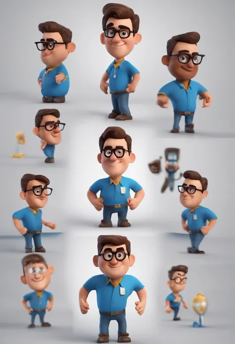 Cartoon character of a man with black glasses and a blue shirt, animation character, Caractere estilizado, animation style rendering, 3D estilizado, Arnold Maya render, 3 d render stylized, toon render keyshot, Personagem 3D, Personagem 3D, 3d rendering st...