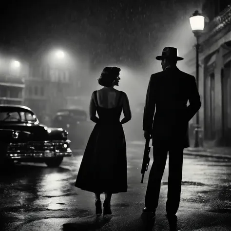 calle de noche, (Film Noir style), (acabado realista),A man stands in the middle of the street and holds a gun, its raining, a women named mery kelly is talking to man