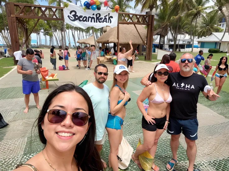 People standing in front of a beach hut with palm trees, pessoas na praia, Festa na praia, Torne-se profissional, standing near the beach, standing at the beach, em uma praia tropical, na praia, na praia, posando em uma praia com o oceano, in a beachfront ...