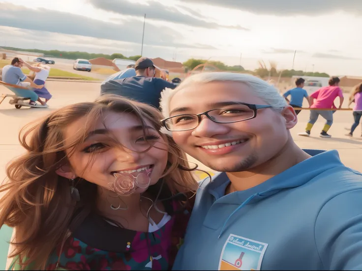 Theres a young woman standing on a skateboard in a parking lot, ela expressando alegria, she is smiling and happy, cabrito, she is smiling and excited, foto modo retrato, Tomado com Sony Alpha 9, She is grinning, Tiro em Sony A 7, taken with the best dlsr ...