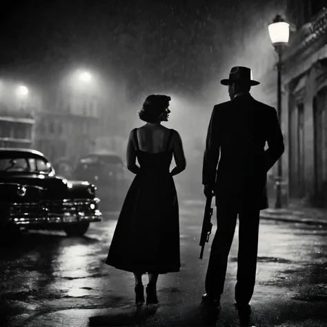 calle de noche, (Film Noir style), (acabado realista),A man stands in the middle of the street and holds a gun, its raining, a women named mery kelly is talking to man