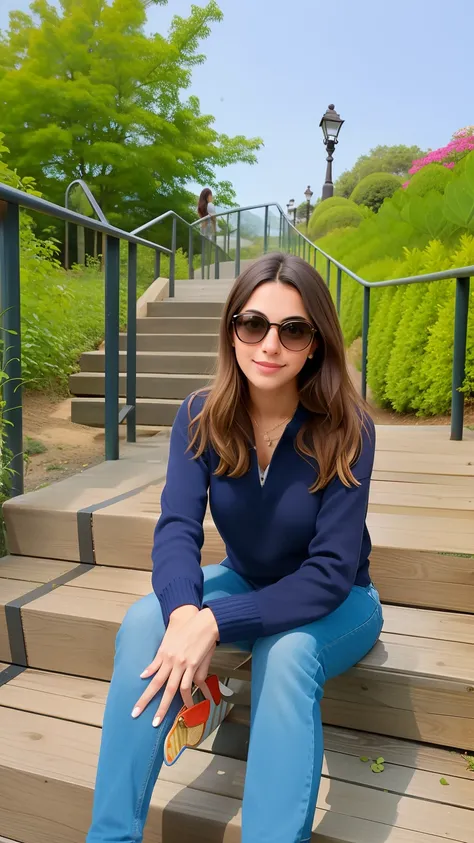 Arafed woman sitting on a wooden bench with sunglasses on, in a navy blue sweater, Divirta-se, ao sol, divertindo-se, em um parque da cidade, Emily Rajtkowski, em um parque, sentado em um banco de parque, Karolina Cummings, em um dia ensolarado, Vestido ca...