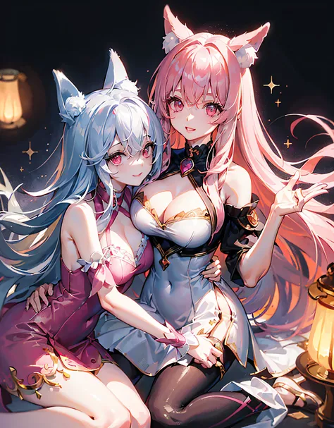 (((masterpeace、BEST QUALITY、high precision、High and fine))) good anatomy, 2 girls, hugs, light smile, fox_ears, noble, lace dress, jewel, pink eyes, hair between eyes, streaked hair, silver long hair, pink hair, large breasts, warm smile,