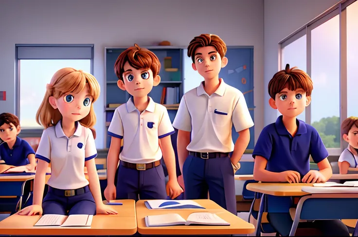 Three students, a girl and two boys, sitting on a student desk, inside a classroom, wearing a white polo shirt with a navy blue collar, wearing navy blue pants with a red stripe