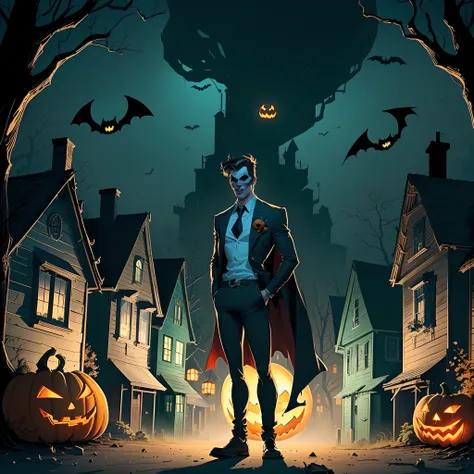 nsfw batman in a dark city with pumpkins and bats, halloween art style, background artwork, halloween atmosphere, in a halloween...