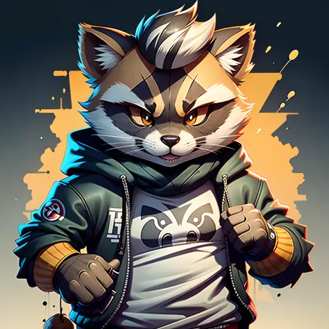 C4tt4stic，raccoon,  Wearing fashionable clothes， boxing, Hit the hook