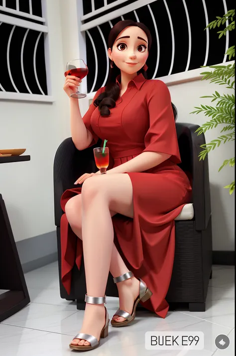 Woman in long red dress sitting with glass of drink in hand