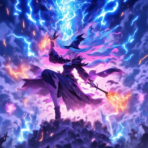 Witch queen with horns casting lightning spells and summoning creatures