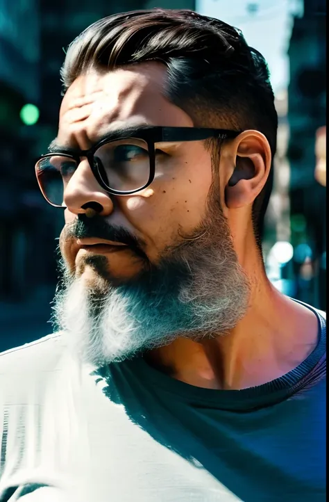 half-body photo of bearded guy with glasses, sit in middle of street, ((bokeh luz)), intrincado, (steel metal [descansar]), eleg...