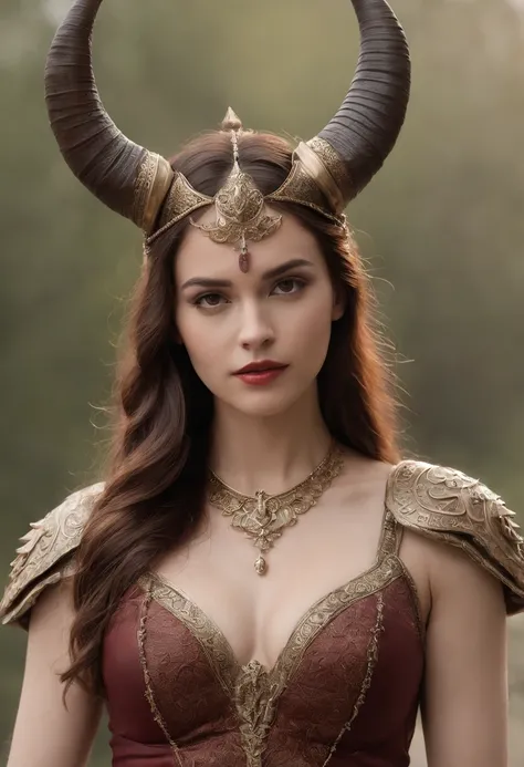 qualidade superior、Mulheres russas bonitas、｛｛｛The whole body is shown｝｝｝、Rei Diabo Feminino、Diabo feminino、olhos vermelhos、demon armor、The Devils Bikini Armor、genial、LONG HORNS ON THE HEAD、Castelo escuro、Grande fundo