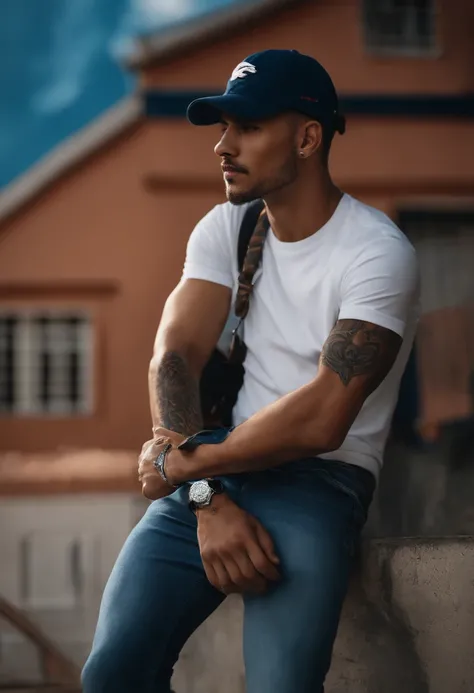 Fundo com parede, homem careca, in white cap, camiseta polo da lacoste, Denim Jeans Pants, Air Force Shoes,  Silver lanyard and bracelet, Tattoo from shoulder to hand, Hand covering the face, de noite