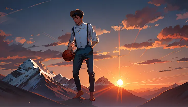 the sunset，eventide，Big Mountain，Medium short hair，Suspenders，Five fingers on human anatomy，Feet on the ground，Two hands，Two feet，basketball ball，Boy student