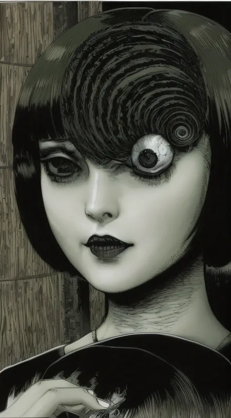 um desenho preto e branco de uma mulher com um cabelo espiral, Uzumaki de Junji Ito, Sutil Junji Ito, ito junji arte, Estilo de arte de Junji Ito, arte de junji ito, junji ito tons, por junji ito, estilo junji ito, em estilo de junji ito, inspirado em Junj...