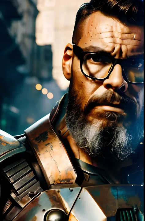 portrait photo of muscular bearded guy whith glasses in a worn mech suit, ((light bokeh)), intricate, (steel metal [rust]), eleg...