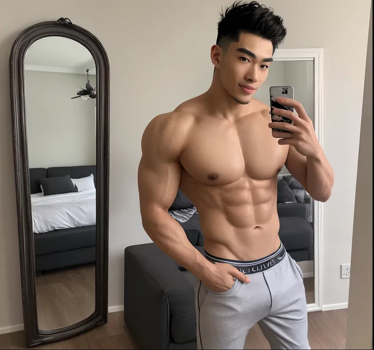 A hot young slim tall muscular man with an Asian mix and a striking European handsome face. Hes posing in front of a mirror in his bedroom, taking a selfie with his iPhone. Dressed in sleek Calvin Klein clothes that accentuate his toned body, he strikes a ...