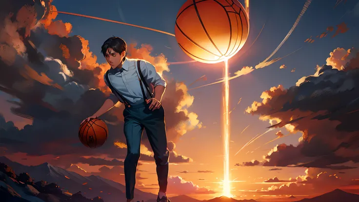 the sunset，eventide，Big Mountain，Medium short hair，Suspenders，The five fingers of human anatomy，Feet on the ground，Two hands，Two feet，basketball ball，Boy student