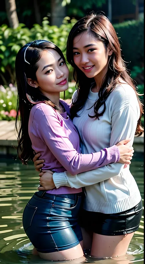 Two Malay women wearing hijaps, hugging in the water, bodies pressed together, ((lips touching)), romantic, lively, in the water up to their chests, masterpiece, best quality, highres, hmsl1, flower hijap, x hijap decoration, white sweater, purple jacket, ...