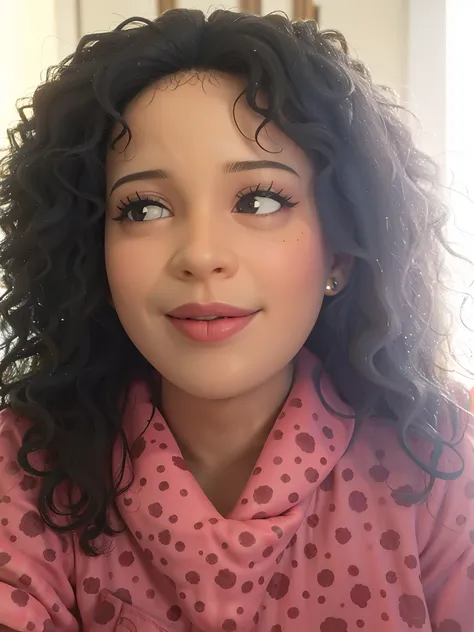 Theres a woman in a pink shirt and a red lipstick, foto de perfil headshot, foto de uma mulher negra, com afro, foto do perfil, foto retrato, bochechas rosadas, muito bobo olhando, mixed race woman, imagem de perfil, seu rosto emoldurado com cachos, Menina...